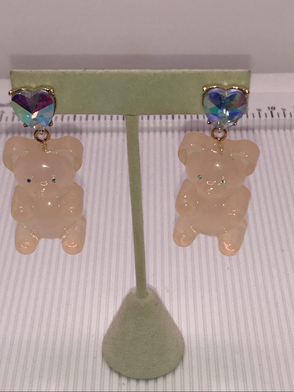 Betsey Johnson Pale Pink Gummy Bear Drop Earrings with Iridescent Heart Studs